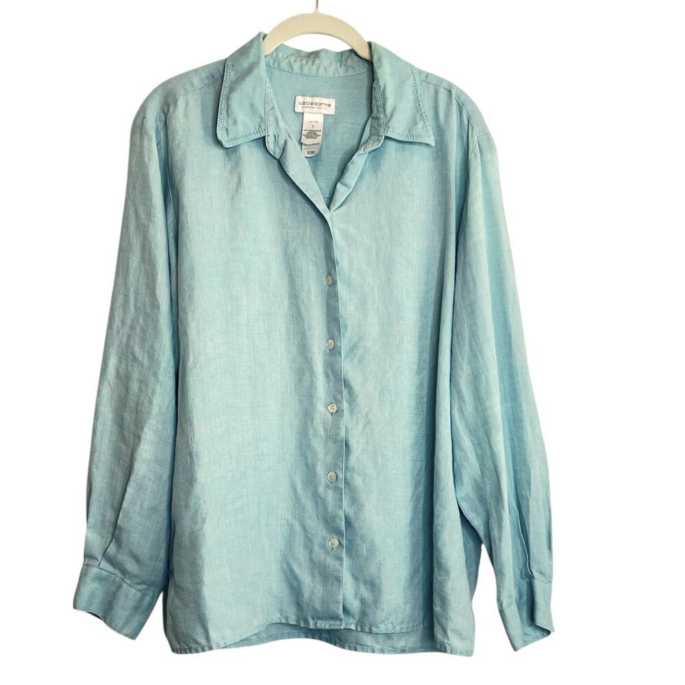 Liz Claiborne LizSport Petite L Blue Linen Shirt Button Front Long Sleeve